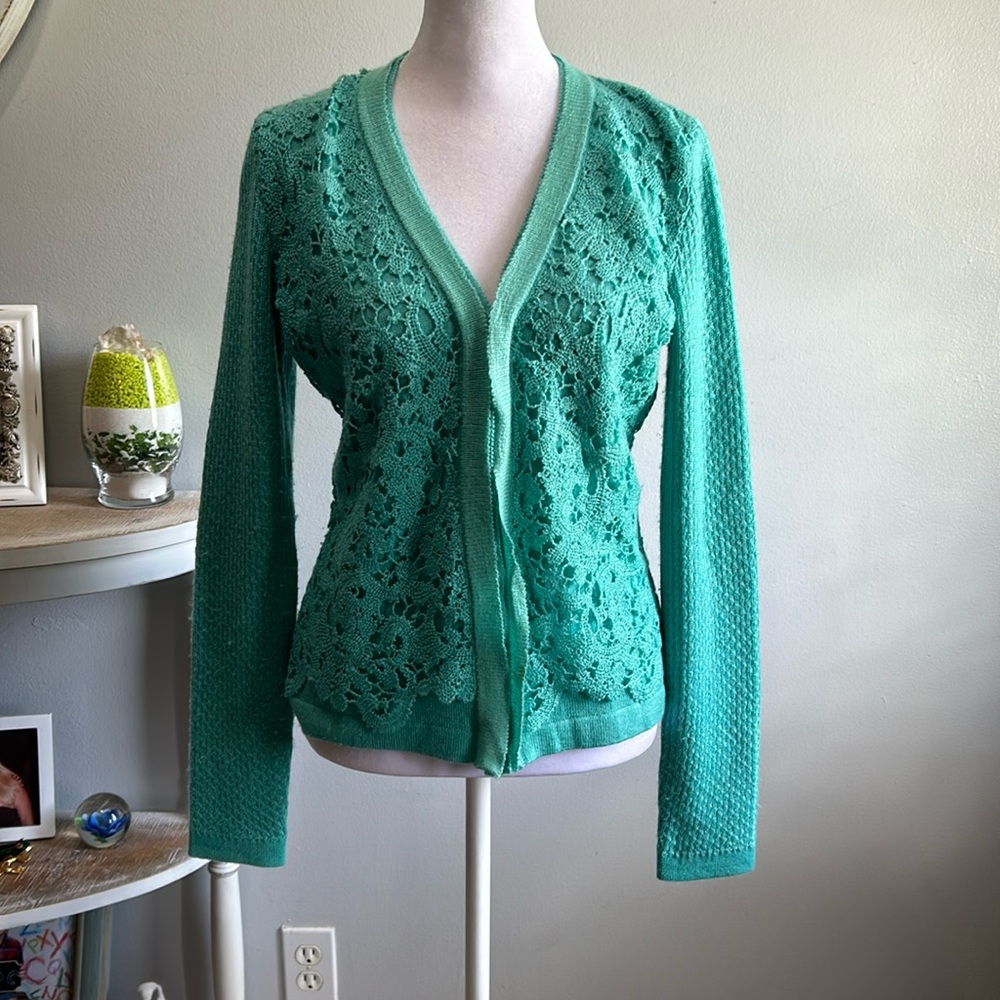 Oscar de la Renta Green Crochet Knit Cardigan